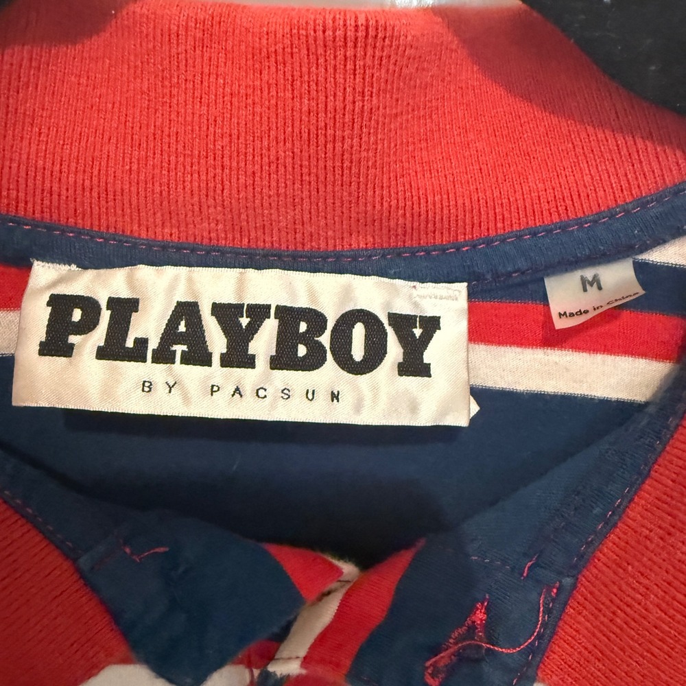 Playboy by PacSun University Striped Rugby Polo Shirt Navy Red White Medium - Picture 3 of 4